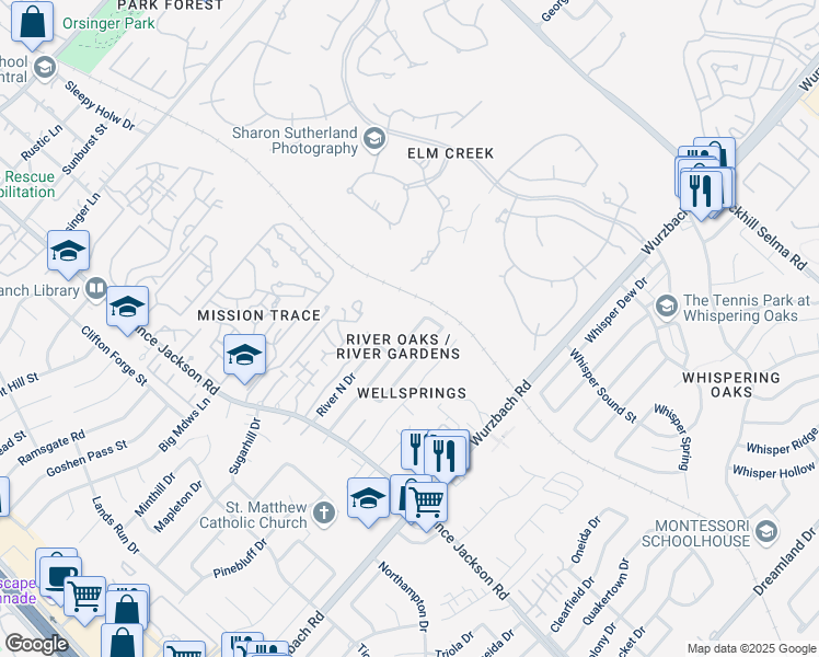 map of restaurants, bars, coffee shops, grocery stores, and more near 3406 River Stroll Street in San Antonio