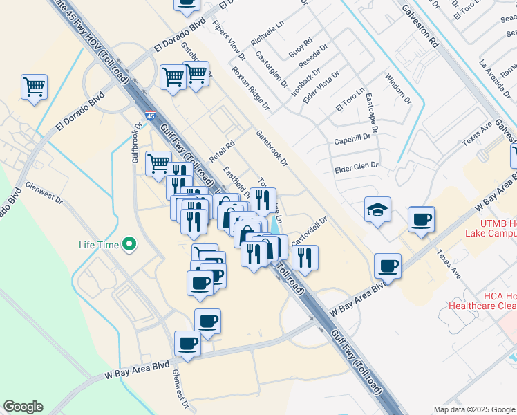 map of restaurants, bars, coffee shops, grocery stores, and more near Eastfield Drive in Webster