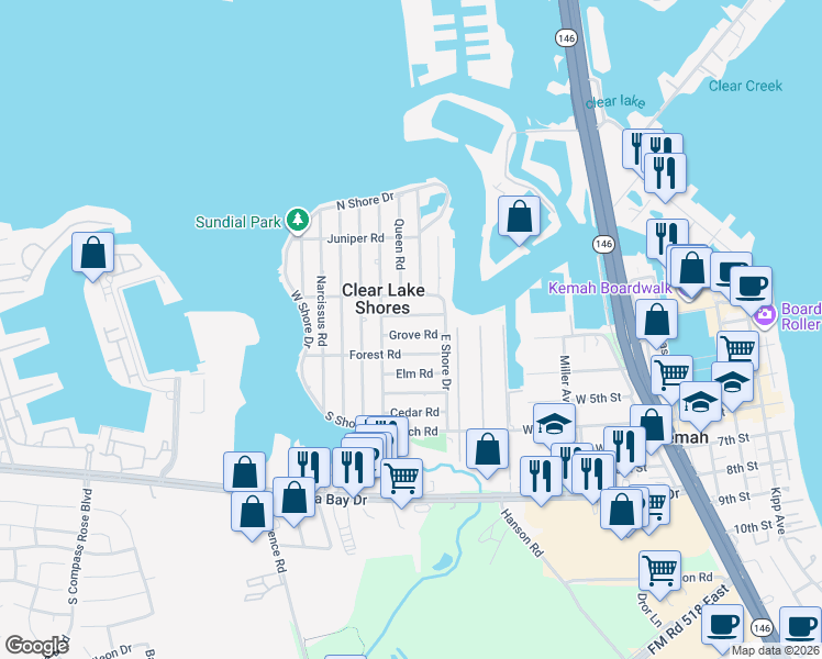 map of restaurants, bars, coffee shops, grocery stores, and more near 902 Hawthorne Road in Clear Lake Shores