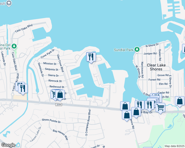 map of restaurants, bars, coffee shops, grocery stores, and more near 463 Mariners Drive in Kemah