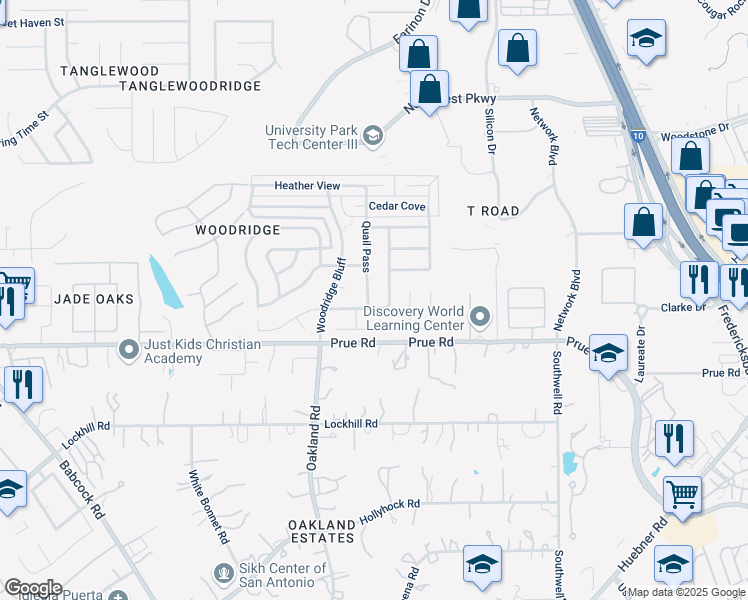 map of restaurants, bars, coffee shops, grocery stores, and more near 11122 Quail Pass in San Antonio