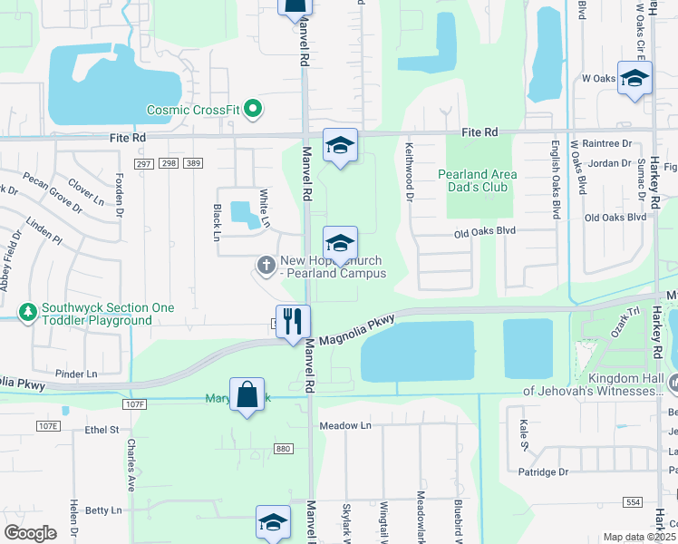 map of restaurants, bars, coffee shops, grocery stores, and more near 3301 Manvel Road in Pearland