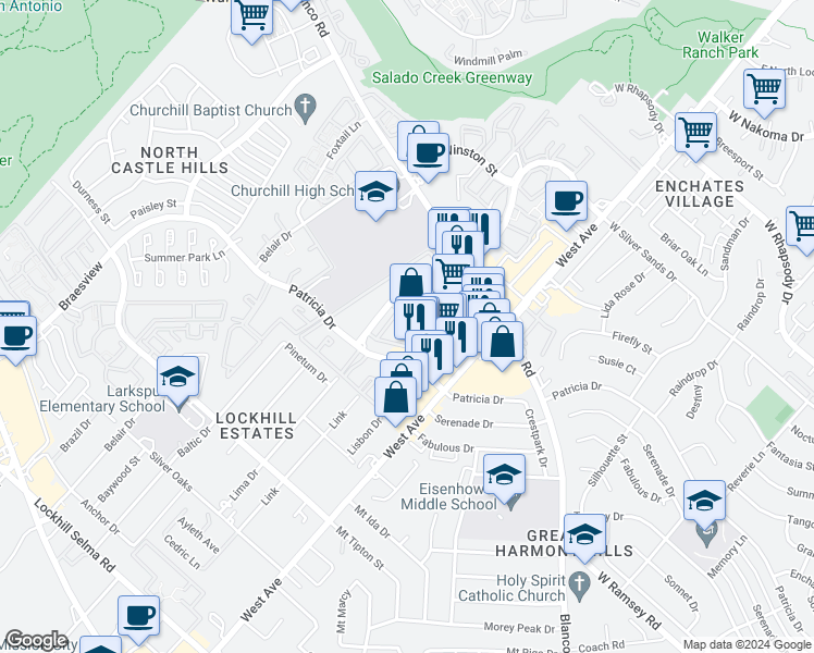 map of restaurants, bars, coffee shops, grocery stores, and more near 11710 Parliament Street in San Antonio