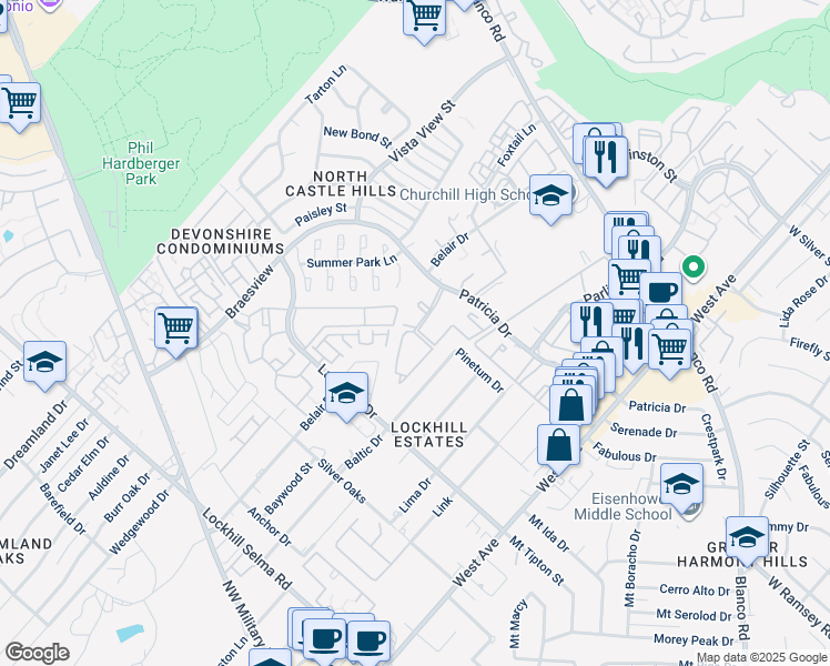 map of restaurants, bars, coffee shops, grocery stores, and more near 1300 Patricia in San Antonio