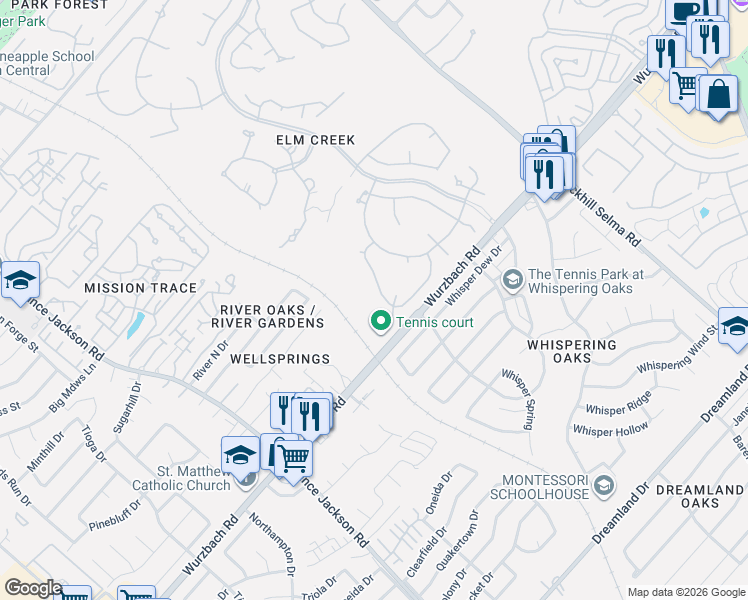 map of restaurants, bars, coffee shops, grocery stores, and more near 11642 Elm Ridge Road in San Antonio