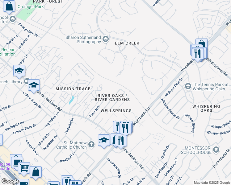 map of restaurants, bars, coffee shops, grocery stores, and more near 3406 River Stroll Street in San Antonio