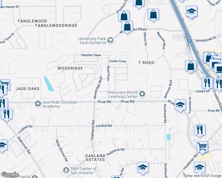 map of restaurants, bars, coffee shops, grocery stores, and more near 11122 Quail Pass in San Antonio