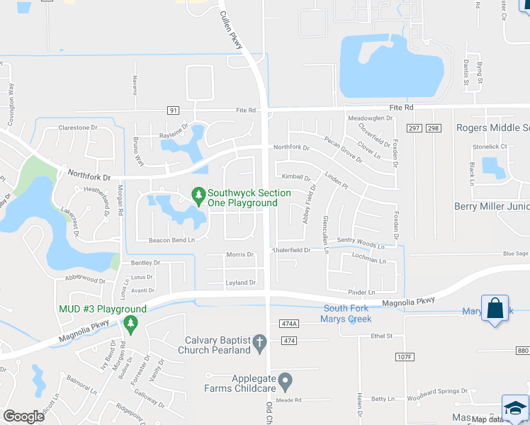 map of restaurants, bars, coffee shops, grocery stores, and more near 2844 Old Chocolate Bayou Road in Pearland