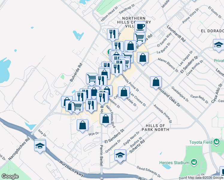 map of restaurants, bars, coffee shops, grocery stores, and more near 11802 Perrin Beitel Road in San Antonio