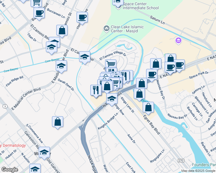 map of restaurants, bars, coffee shops, grocery stores, and more near 953 East Nasa Parkway in Houston