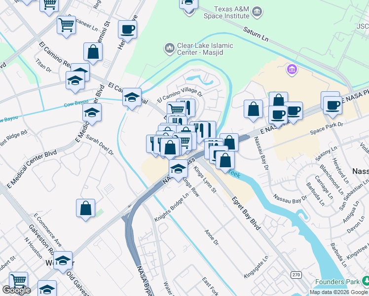map of restaurants, bars, coffee shops, grocery stores, and more near 17896 El Camino Real in Houston