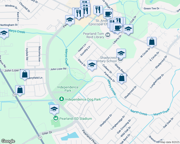map of restaurants, bars, coffee shops, grocery stores, and more near 3801 Liberty Drive in Pearland