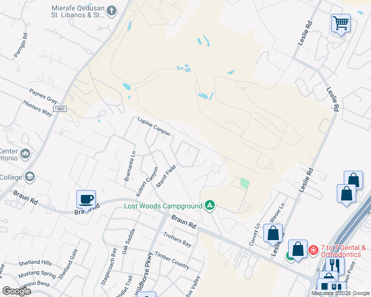 map of restaurants, bars, coffee shops, grocery stores, and more near 10251 Huisache Field in Helotes