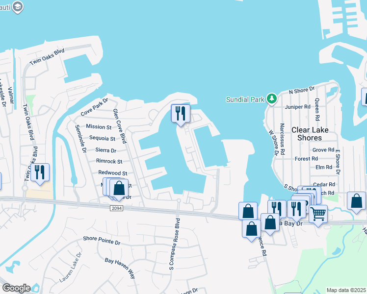 map of restaurants, bars, coffee shops, grocery stores, and more near 463 Mariners Drive in Kemah