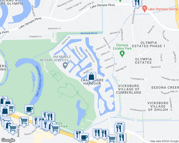 map of restaurants, bars, coffee shops, grocery stores, and more near 3923 Medici Court in Missouri City