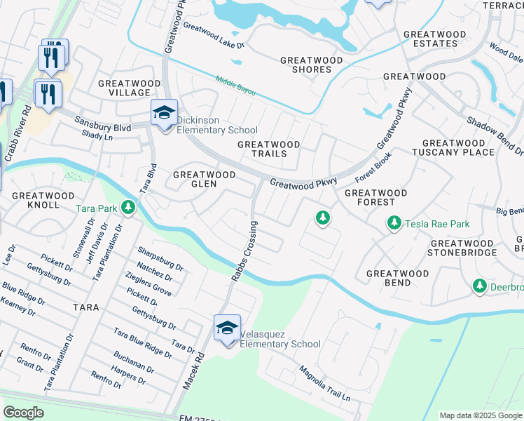 map of restaurants, bars, coffee shops, grocery stores, and more near 1218 Wood Haven Court in Sugar Land