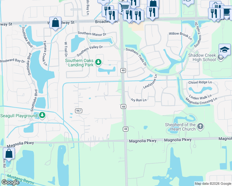 map of restaurants, bars, coffee shops, grocery stores, and more near 2750 County Road 48 in Rosharon