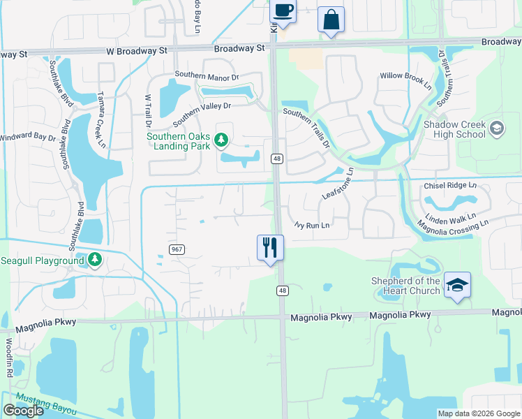 map of restaurants, bars, coffee shops, grocery stores, and more near 2750 County Road 48 in Rosharon