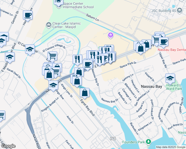 map of restaurants, bars, coffee shops, grocery stores, and more near 1210 NASA Bypass in Houston