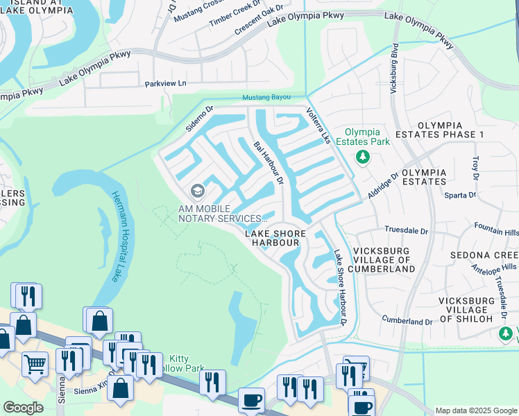 map of restaurants, bars, coffee shops, grocery stores, and more near Medici Court in Missouri City