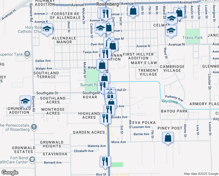 map of restaurants, bars, coffee shops, grocery stores, and more near 1811 City Hall Drive in Rosenberg