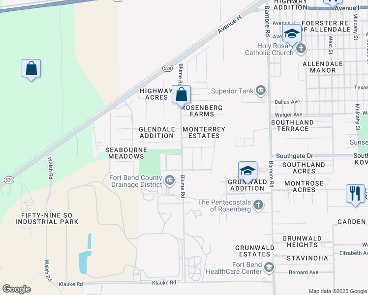 map of restaurants, bars, coffee shops, grocery stores, and more near 618 Blume Road in Rosenberg