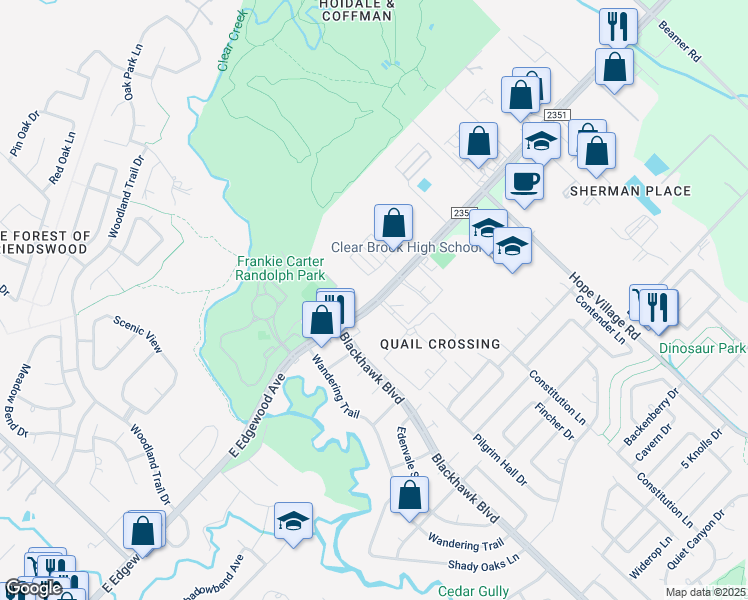 map of restaurants, bars, coffee shops, grocery stores, and more near 5030 Farm to Market 2351 in Friendswood