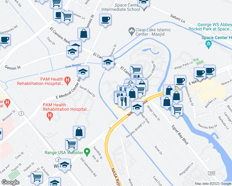map of restaurants, bars, coffee shops, grocery stores, and more near 801 East Nasa Parkway in Houston