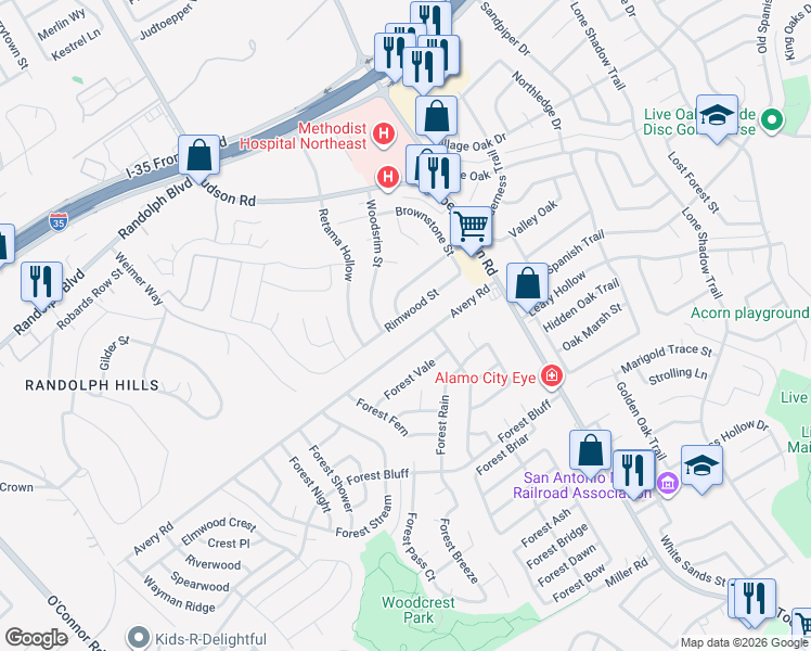map of restaurants, bars, coffee shops, grocery stores, and more near 12003 Wilderness Trail in Live Oak