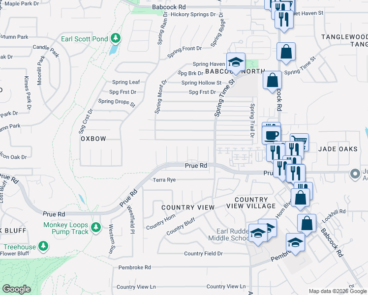 map of restaurants, bars, coffee shops, grocery stores, and more near 6806 Spring Garden Street in San Antonio