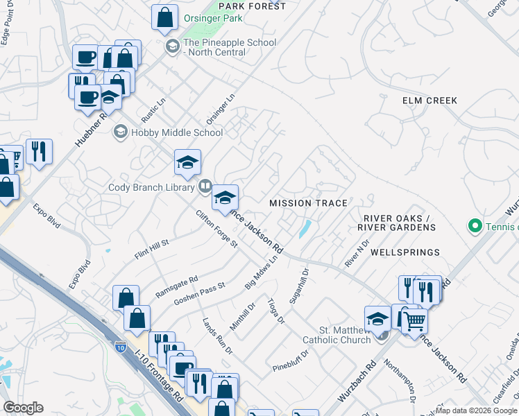 map of restaurants, bars, coffee shops, grocery stores, and more near 11444 Vance Jackson Road in San Antonio