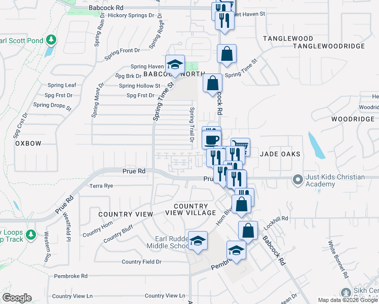 map of restaurants, bars, coffee shops, grocery stores, and more near 6502 Spring Garden Street in San Antonio