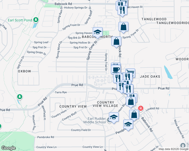 map of restaurants, bars, coffee shops, grocery stores, and more near 6530 Spring Garden Street in San Antonio