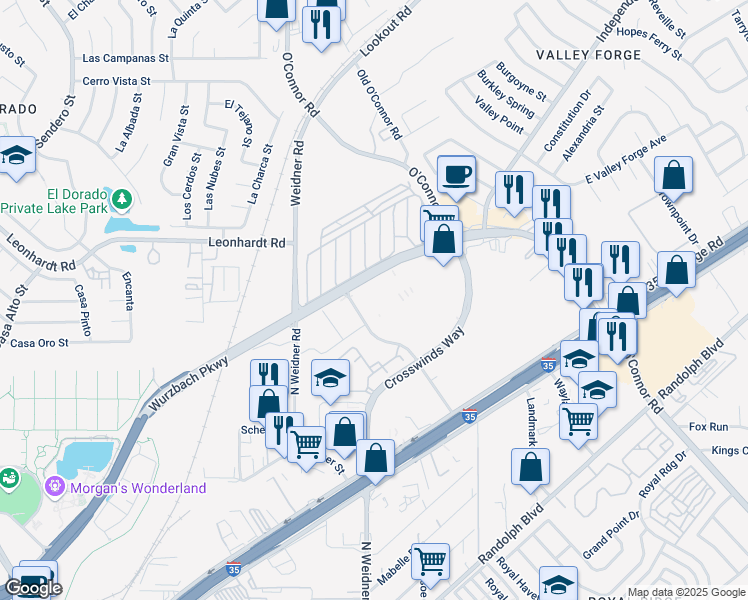 map of restaurants, bars, coffee shops, grocery stores, and more near 11826 Tech Com Drive in San Antonio