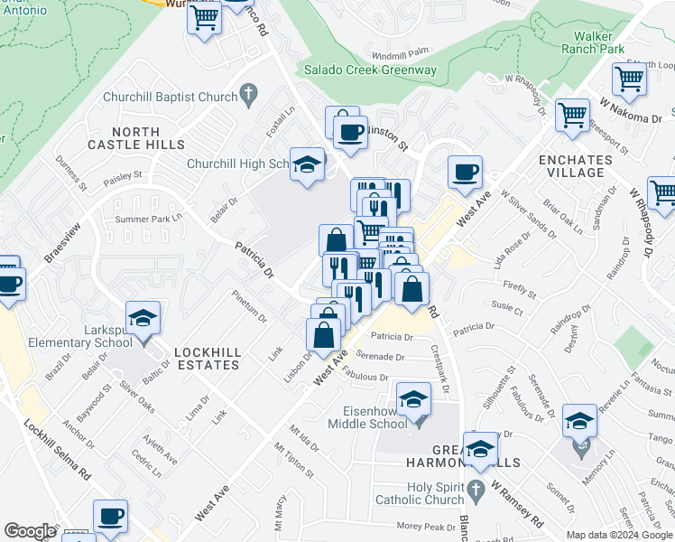 map of restaurants, bars, coffee shops, grocery stores, and more near 11710 Parliament Street in San Antonio