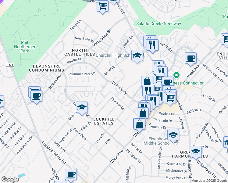 map of restaurants, bars, coffee shops, grocery stores, and more near 1300 Patricia in San Antonio