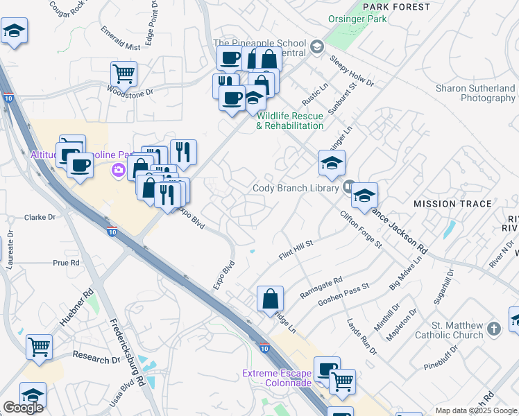 map of restaurants, bars, coffee shops, grocery stores, and more near 11600 Huebner Road in San Antonio