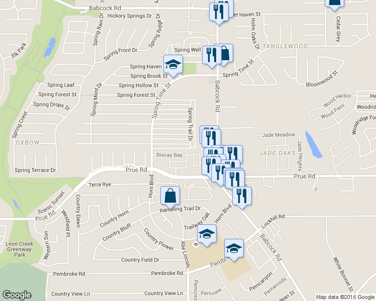 map of restaurants, bars, coffee shops, grocery stores, and more near 6502 Spring Garden Street in San Antonio