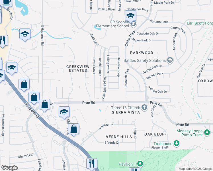 map of restaurants, bars, coffee shops, grocery stores, and more near 10827 Falling Water in San Antonio