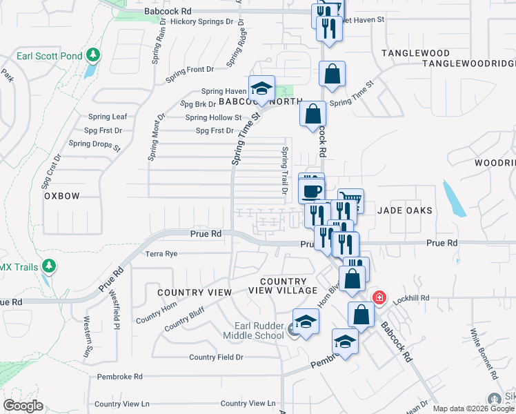 map of restaurants, bars, coffee shops, grocery stores, and more near 6530 Spring Garden Street in San Antonio
