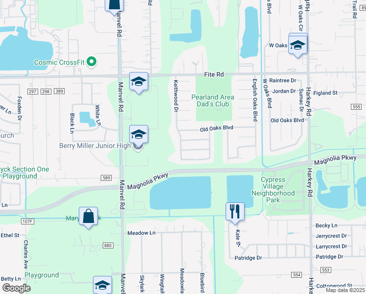 map of restaurants, bars, coffee shops, grocery stores, and more near 6802 Paigetree Lane in Pearland