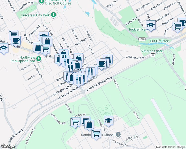 map of restaurants, bars, coffee shops, grocery stores, and more near 304 East Lindbergh Boulevard in Universal City