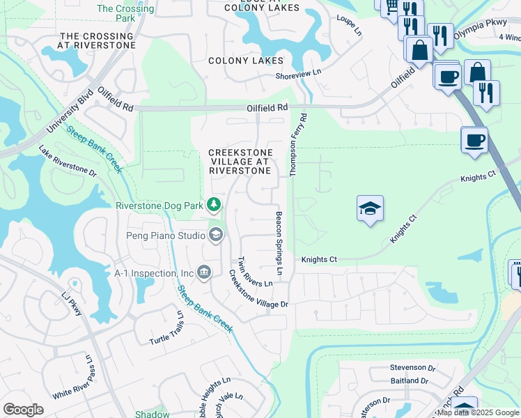 map of restaurants, bars, coffee shops, grocery stores, and more near 5336 Heath River Lane in Sugar Land