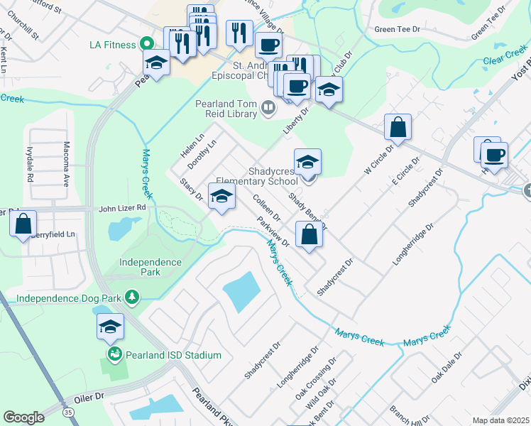 map of restaurants, bars, coffee shops, grocery stores, and more near 2412 Colleen Drive in Pearland