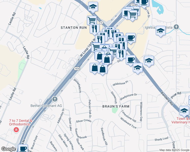 map of restaurants, bars, coffee shops, grocery stores, and more near 11781 Bandera Road in San Antonio