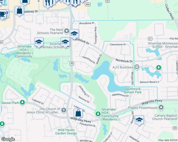 map of restaurants, bars, coffee shops, grocery stores, and more near 2622 Shelby Drive in Pearland
