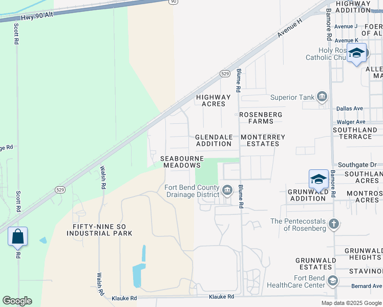map of restaurants, bars, coffee shops, grocery stores, and more near 715 Seabourne Meadow Drive in Rosenberg