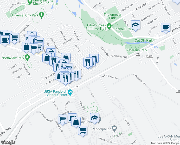 map of restaurants, bars, coffee shops, grocery stores, and more near 333 East Aviation Boulevard in Universal City