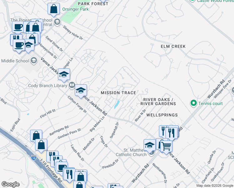 map of restaurants, bars, coffee shops, grocery stores, and more near 3721 Big Meadows Street in San Antonio