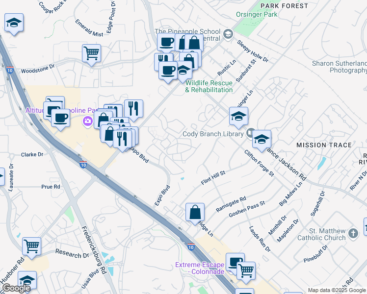 map of restaurants, bars, coffee shops, grocery stores, and more near 11600 Huebner Road in San Antonio